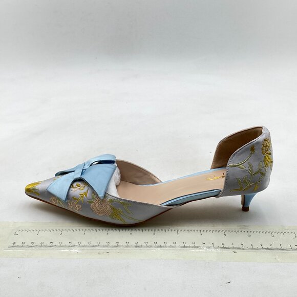 XYD Blue Flower Embroidery D'Orsay Kitten Heel Bridal Bowknot Pointed Toe Pumps - Picture 2 of 8